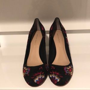 Loeffler Randall black suede stacked heel